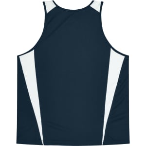A dark navy singlet featuring white panels on the sides. Includes a logo on the back.