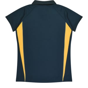 A dark green polo shirt with yellow side panels and a collar, featuring a logo on the back.