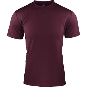 A maroon men's t-shirt featuring short sleeves and a fitted design, with a subtle logo.