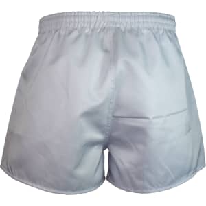 White rugby men's shorts featuring an elastic waistband and a simple design, with a logo on the side.