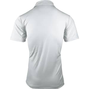 A light-coloured men's polo shirt with a classic collar and short sleeves, featuring a logo on the back.
