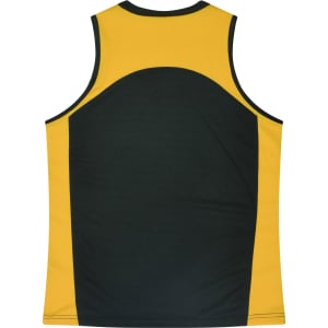 A yellow and dark green singlet with contrasting panels and a logo on the back.