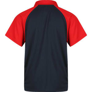 A red and navy polo shirt with a mesh design and a branding logo on the back.