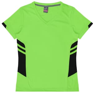 A vibrant green women's t-shirt with black side accents and a V-neck design. Features a branding logo.