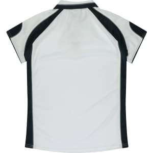 A white polo shirt with black detailing and a logo on the back. Short sleeves and a classic collar design.