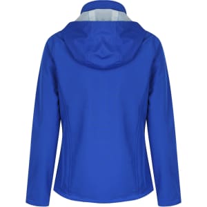 A blue soft shell jacket with a hood, featuring a fitted design and a logo on the back.