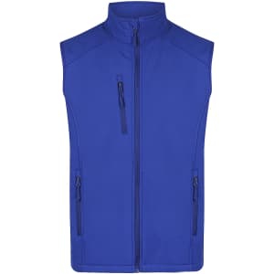 A blue work vest featuring three zippered pockets and a high collar, with a logo on the front.