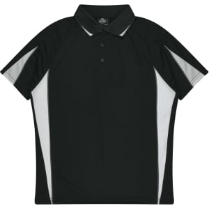 A black polo shirt with white side accents and a collar, featuring a logo.