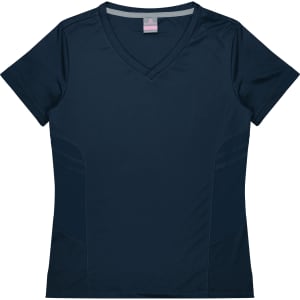 A navy blue short-sleeve women's t-shirt featuring a V-neck and side panel detailing. It includes a brand logo.
