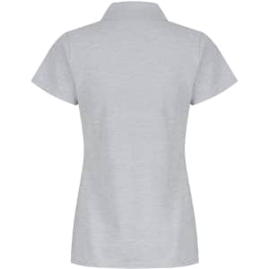 A grey polo shirt with short sleeves and a collar, featuring a logo on the back.