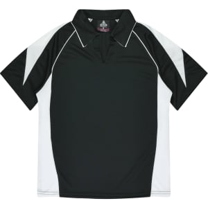 A black polo shirt with white accents and a collar, featuring a logo on the chest.
