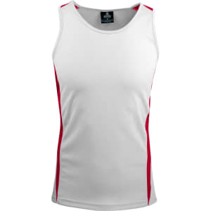 A white singlet with red side panels, featuring a logo on the neckline.