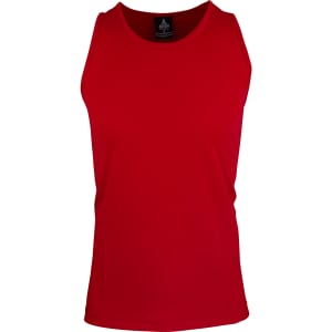 A red men's singlet featuring a round neckline and a logo on the inside label.