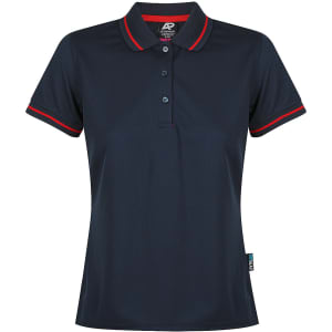 A navy polo shirt with red trim and a logo, featuring a classic collar and button closure.