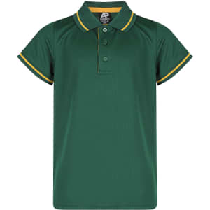 A green polo shirt with yellow accents and a collar, featuring three buttons and short sleeves.