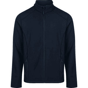 A navy soft shell jacket featuring a zip-up front and two side pockets, with a high neck design.
