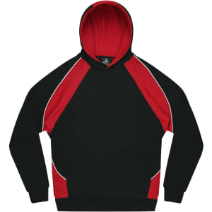 A black hoodie with red accents and a front pocket, featuring a logo on the chest area.