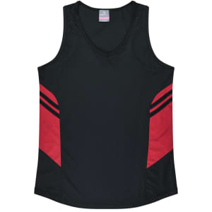 A black singlet featuring red accents and a logo, designed for women's wear.