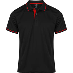 A black polo shirt featuring red collar and sleeve detailing, with a logo on the chest.