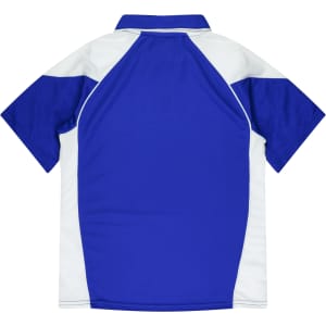 A blue and white polo shirt with short sleeves and a collar, featuring a logo on the front.