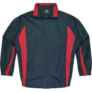 A dark green track top with red stripes on the sides, featuring a zip front and a collar. It has a logo.