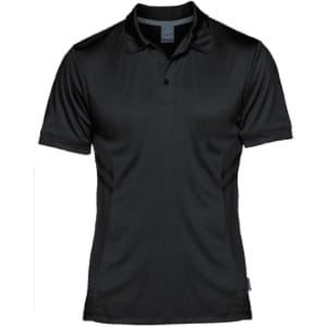 A black polo shirt featuring a collar and short sleeves, with a logo on the front.