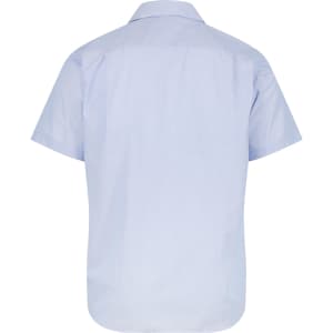 A short sleeve button-up shirt in a light blue colour with a back view design. Features a logo.