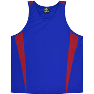 A blue singlet with red accents, featuring a logo at the neckline. Suitable for casual wear.