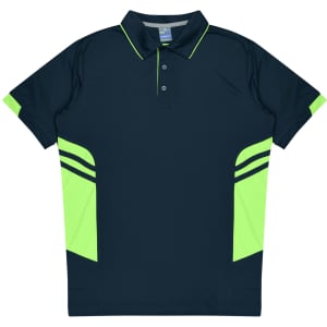 A navy polo shirt with lime green accents and a logo, featuring a classic collar and short sleeves.