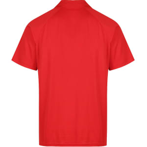 A red polo shirt featuring a collared neckline and short sleeves, with a logo on the back.