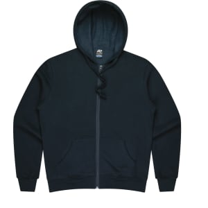 A dark navy zip-up hoodie with a front pocket and a hood, featuring a branding label.