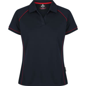 A navy polo shirt with red accents and a collar, featuring a logo on the chest.