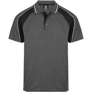 A grey men's polo shirt with black accents and a contrasting collar, featuring a logo on the chest.