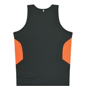 A dark green singlet with orange side panels. The garment has a minimalist design and includes a logo.