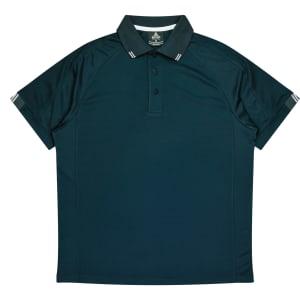 A dark teal polo shirt with a classic collar and three-button placket, featuring a logo on the chest.