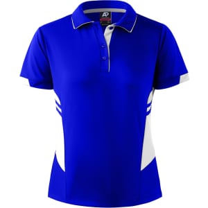 A blue women's polo shirt featuring white side accents and a logo on the chest.