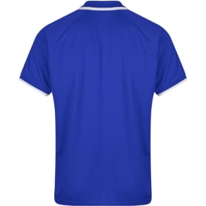 A blue men's polo shirt featuring a contrast collar and sleeves, designed with a logo on the front.