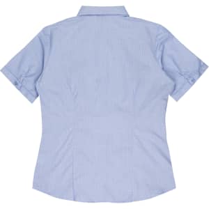 A light blue short sleeve button-up shirt with a fitted design and a collar, featuring brand logos on the fabric.