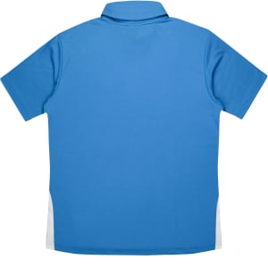Polo shirt in blue with white side panels, featured as a promotional item for kids.