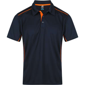 A navy blue polo shirt featuring orange accents and a collar. The shirt has a logo on it.
