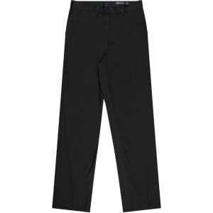 Flat front men's slacks in black, featuring a waistband with a logo and side pockets.