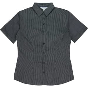 Short-sleeve ladies' shirt in black with a subtle stripe pattern, featuring a collar and buttons down the front.