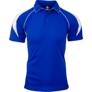 A blue polo shirt with white accents and a logo on the chest.