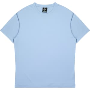 A light blue children's t-shirt with a simple design and a logo on the label.