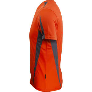 An orange and grey men's t-shirt featuring a fitted design and a logo.