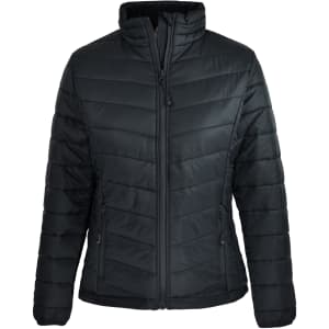 A black quilted women's jacket with a zip front and high collar, featuring two side pockets and a logo.