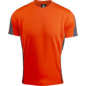 An orange T-shirt with grey accents on the shoulders, featuring a logo.