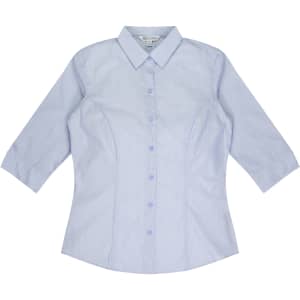 A light blue button-up shirt with 3/4 sleeves and a fitted design, featuring a logo on the label.