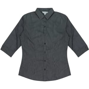 A button-up shirt in grey with a striped pattern and 3/4 sleeves. It features a collar and a logo.