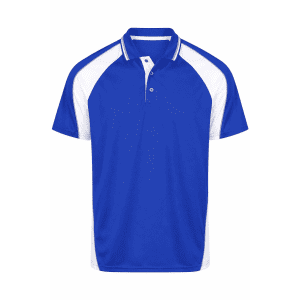 A blue polo shirt with white raglan sleeves and a collar, featuring a logo on the chest.